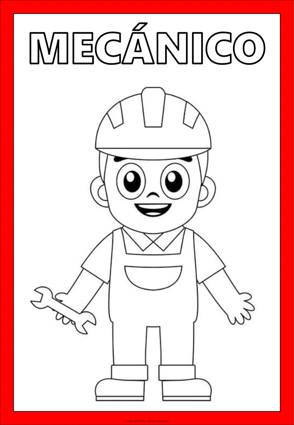 Spanish professions coloring page labeled MECÁNICO (mechanic), showing a worker holding a wrench