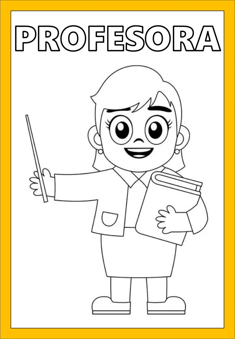 Spanish professions coloring page labeled PROFESORA (teacher), showing a teacher holding books and a pointer