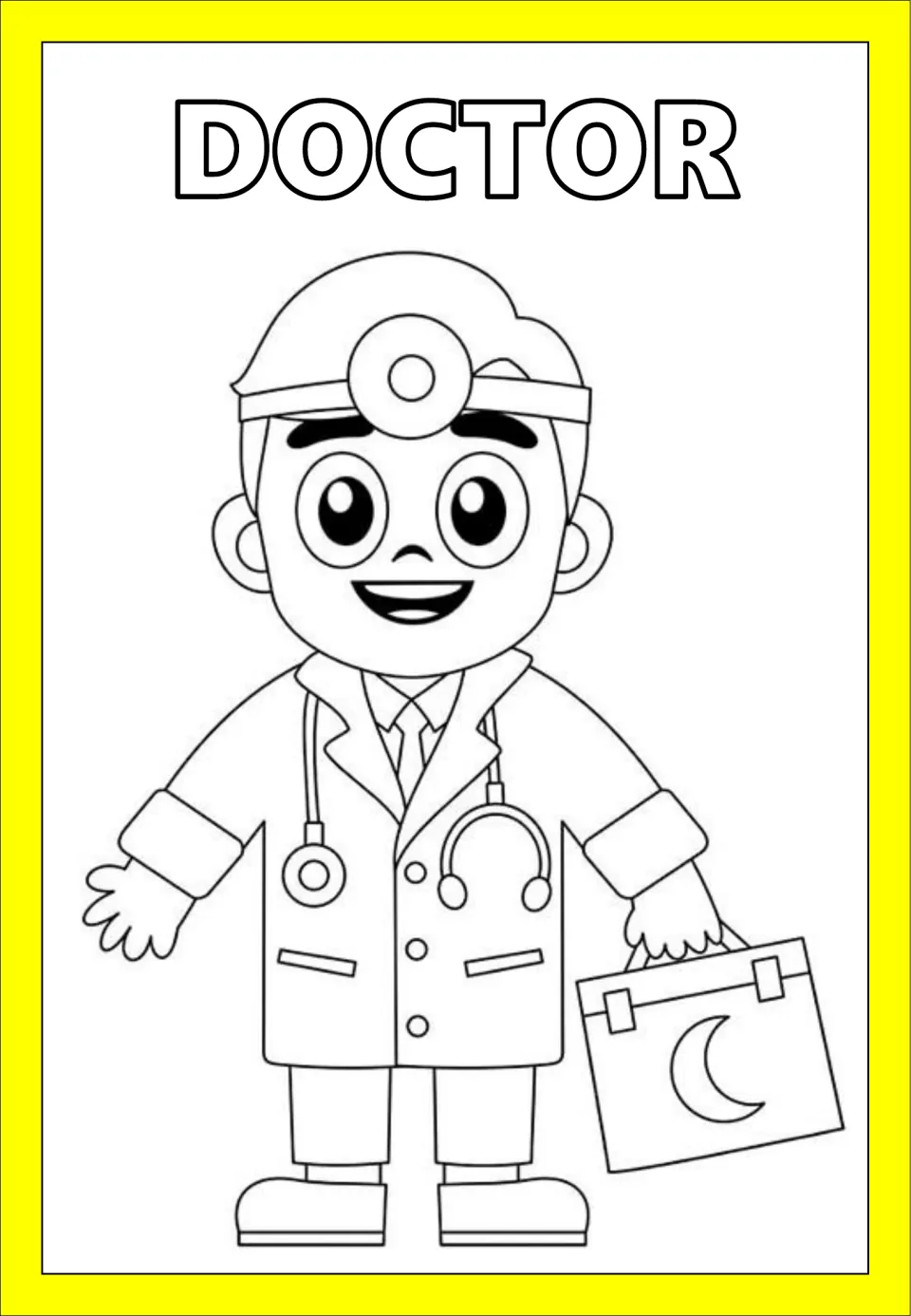 Spanish professions coloring page labeled DOCTOR (doctor), showing a doctor with a stethoscope and bag