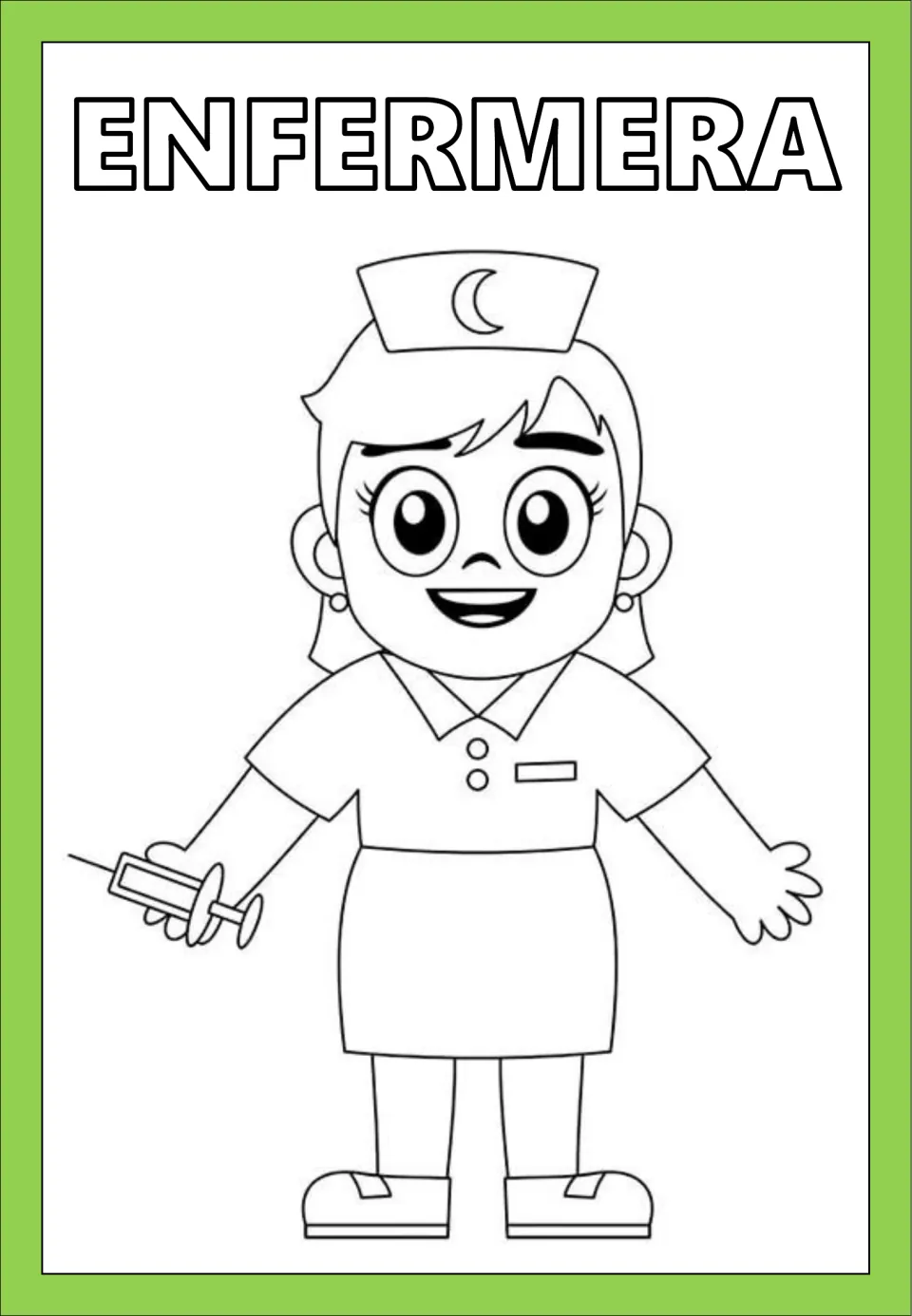 Spanish professions coloring page labeled ENFERMERA (nurse), showing a nurse in uniform holding a syringe