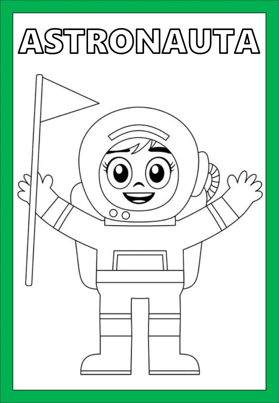 Spanish professions coloring page labeled ASTRONAUTA (astronaut), showing an astronaut holding a flag