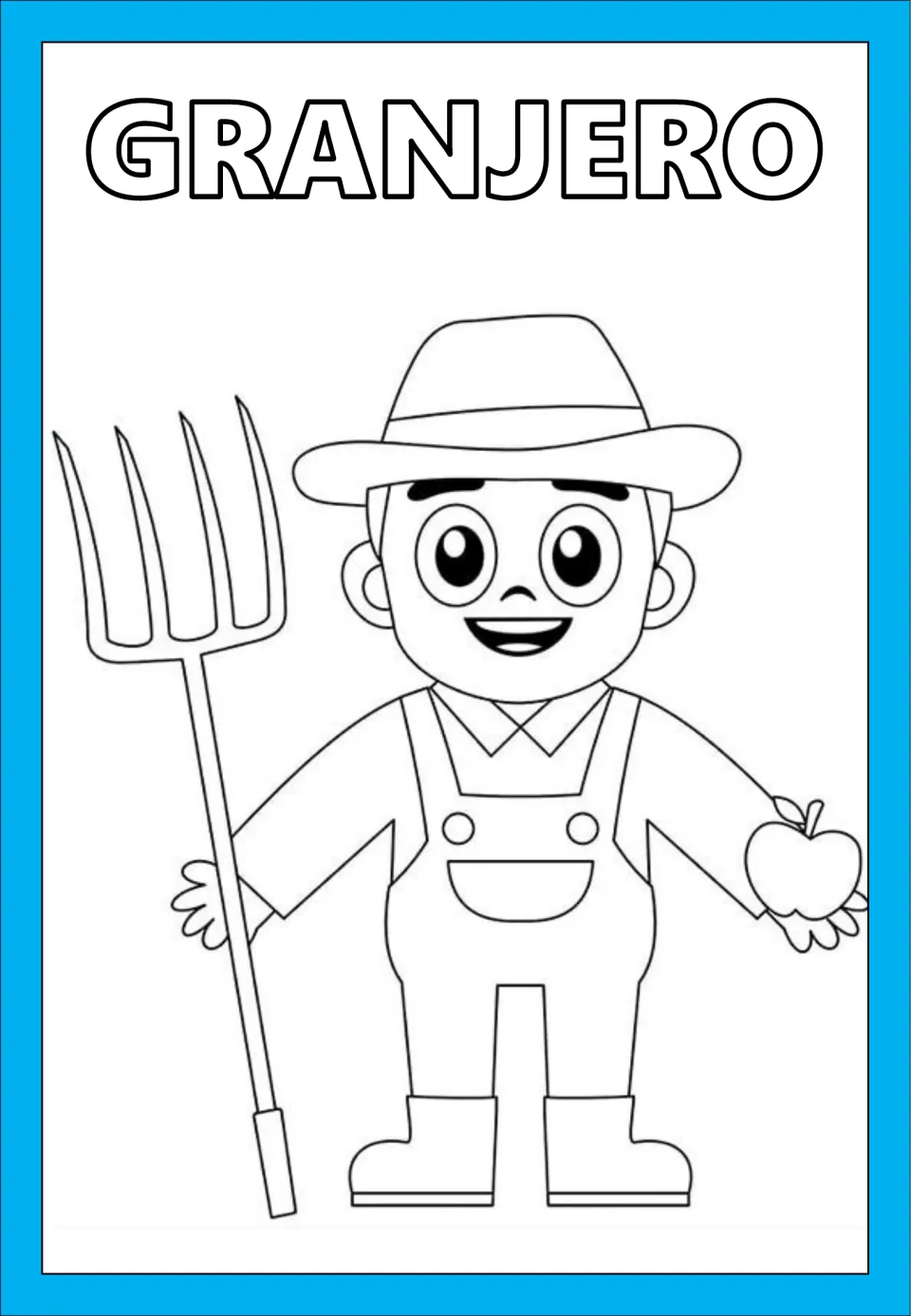 Spanish professions coloring page labeled GRANJERO (farmer), showing a farmer holding a pitchfork and apple