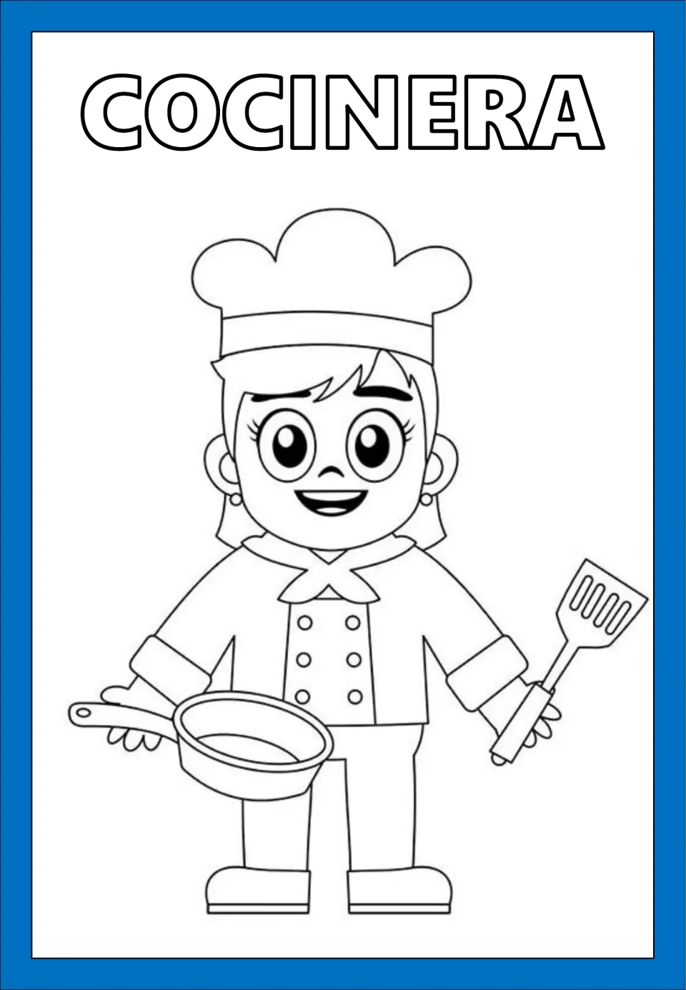 Spanish professions coloring page labeled COCINERA (cook), showing a cook holding a frying pan and spatula