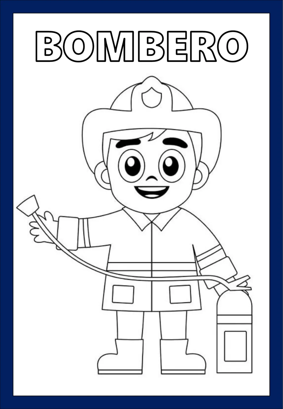 Spanish professions coloring page labeled BOMBERO (firefighter), showing a firefighter using an extinguisher