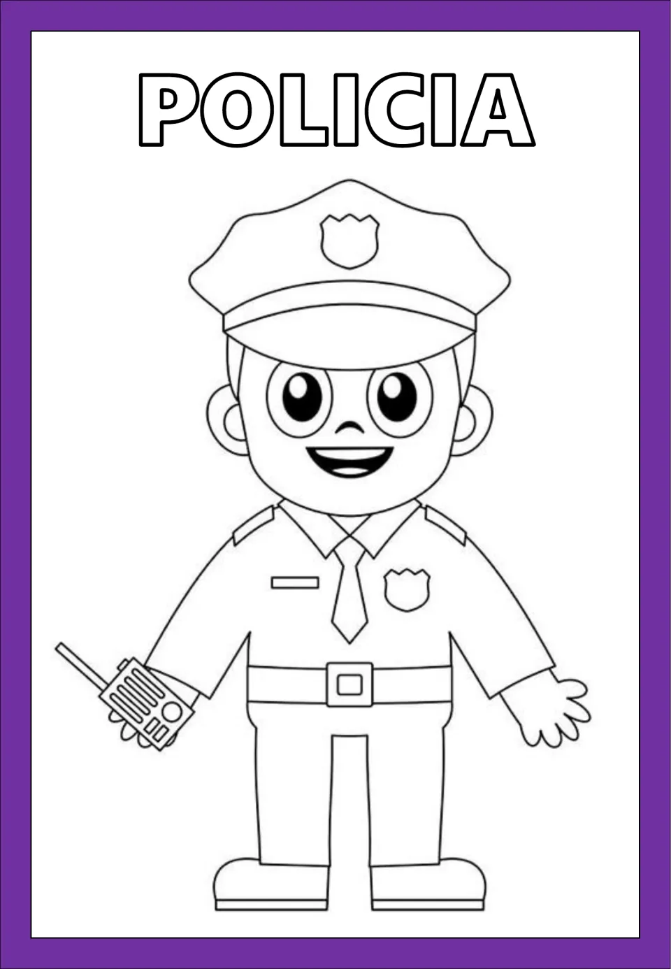 Spanish professions coloring page labeled POLICIA (police officer), showing a uniformed officer with a radio