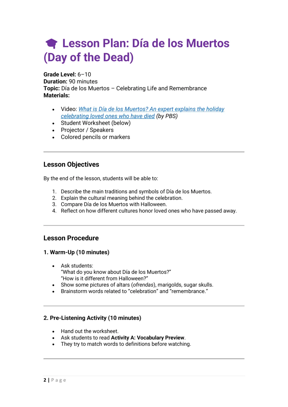 Day of the Dead lesson plan: PBS video and materials list, warm-up on ofrendas and sugar skulls, vocabulary pre-listening