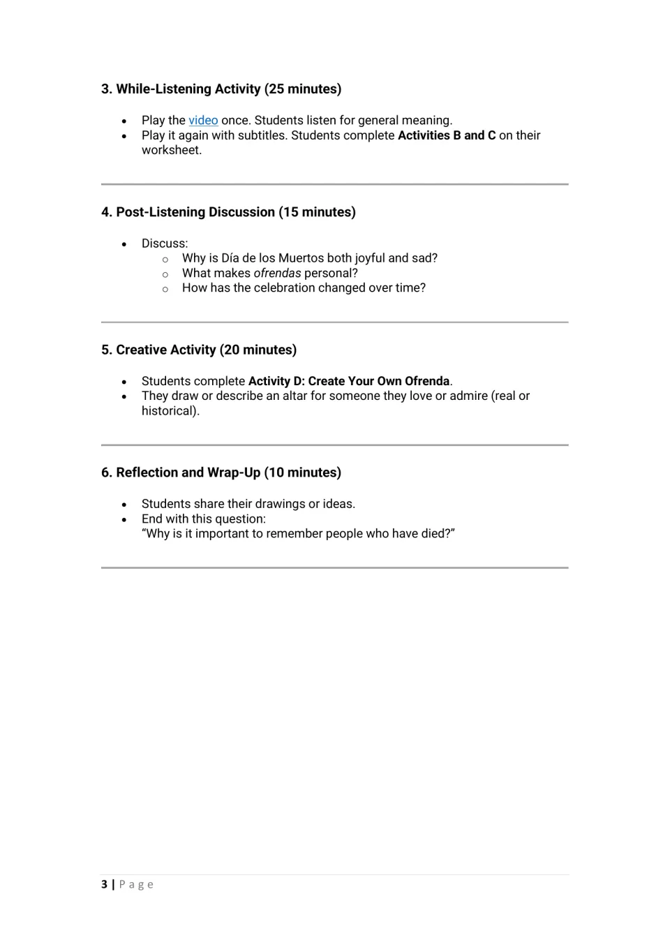 Lesson procedure steps 3-6: video listening with subtitles, discussion of ofrendas, creative altar task and reflection