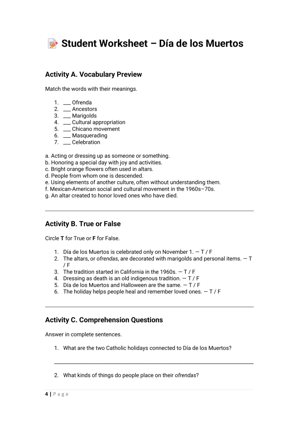 Student worksheet: vocabulary matching on ofrendas and marigolds, true or false items and comprehension questions