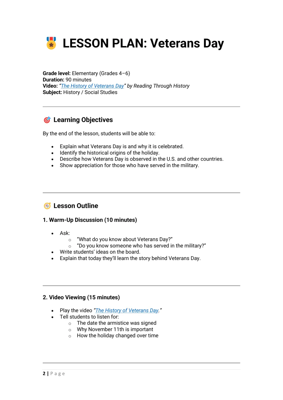 Veterans Day lesson overview: 90-minute plan with objectives, a warm-up discussion and a video on the holiday's history