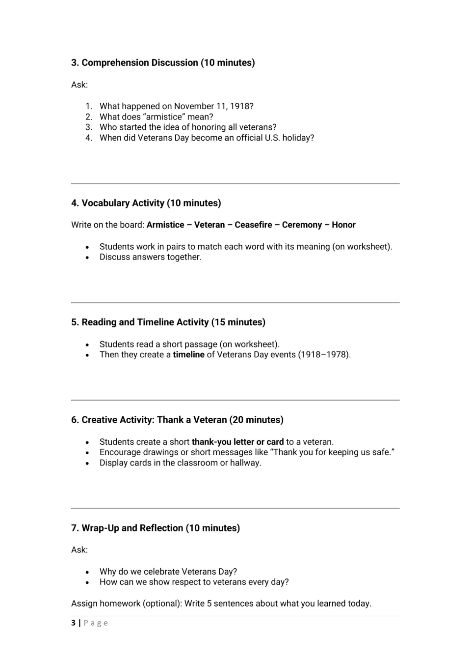 Veterans Day lesson steps 3 to 7: comprehension questions, vocabulary match, timeline, thank-a-veteran cards and reflection