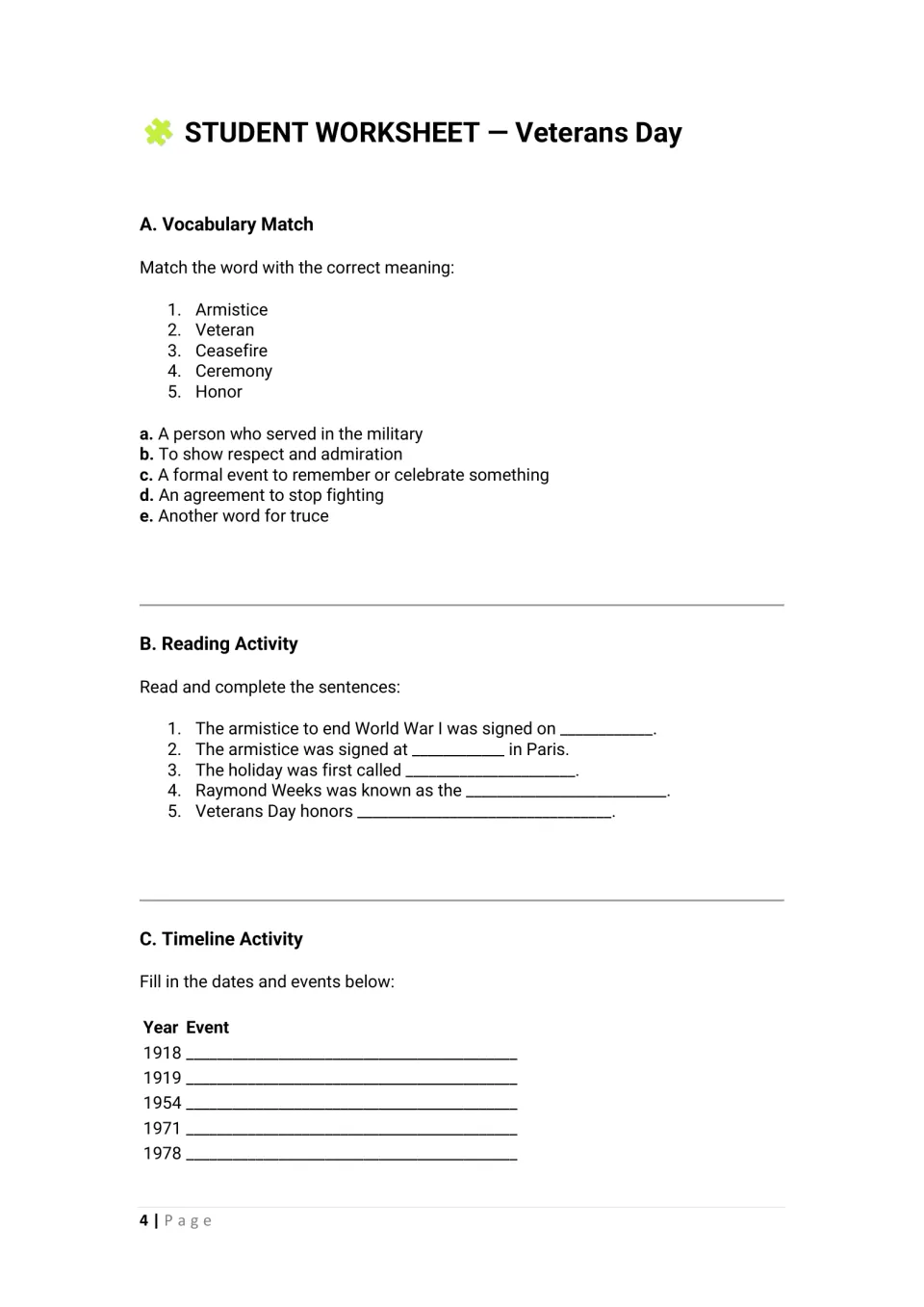Veterans Day worksheet: students match five vocabulary words, complete reading sentences and fill in a 1918–1978 timeline