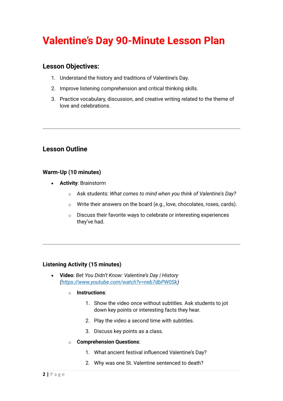 Lesson opening: objectives, a 10-minute brainstorm, and a 15-minute history video activity with questions