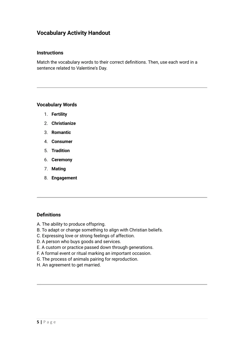 Vocabulary handout: match eight words, including fertility, Christianize, and romantic, then write sentences