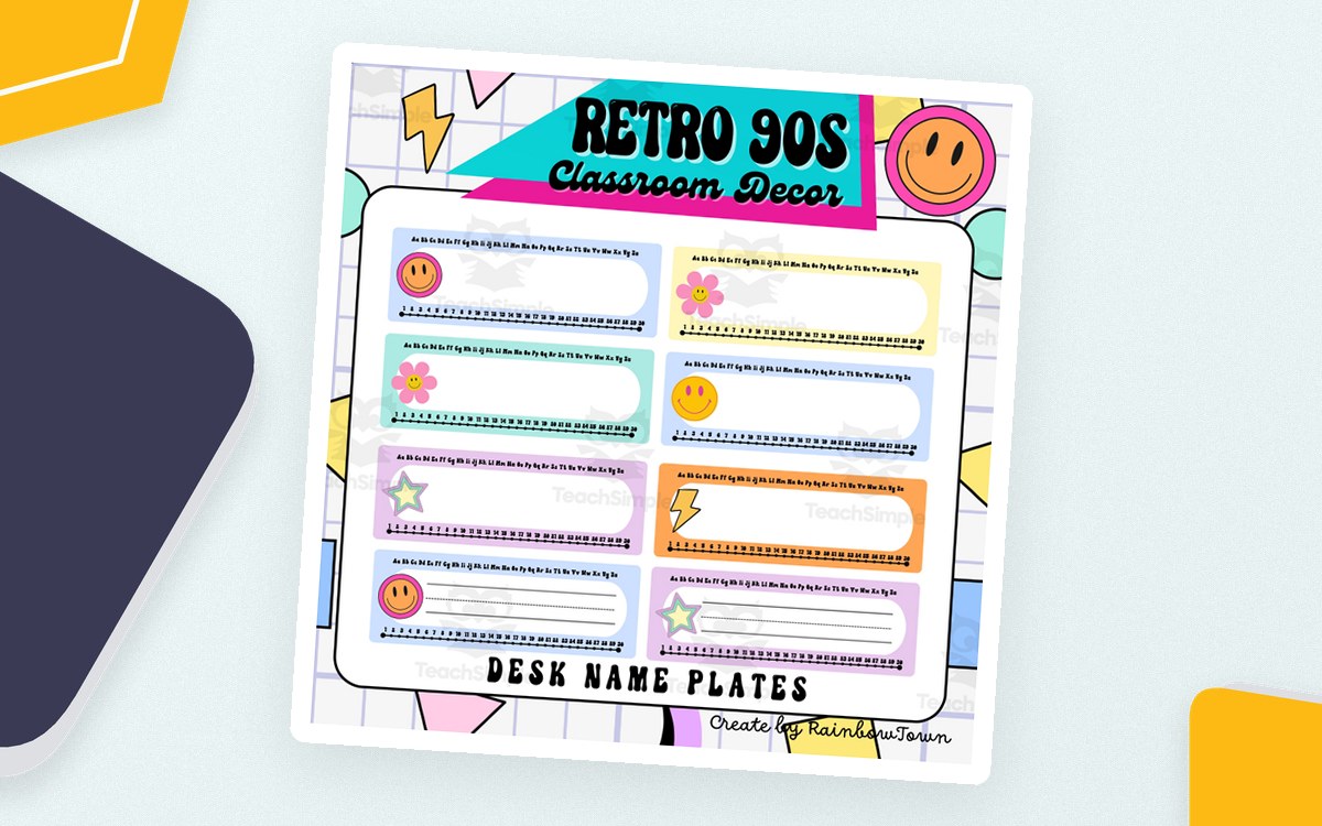 90s Retro Theme Student Desk Name Plates Editable preview
