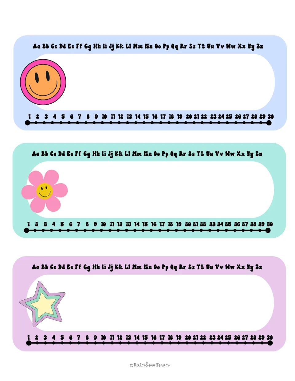 Desk name plates with an A-Z alphabet strip and 1-30 number line; blank name area beside smiley, flower and star icons