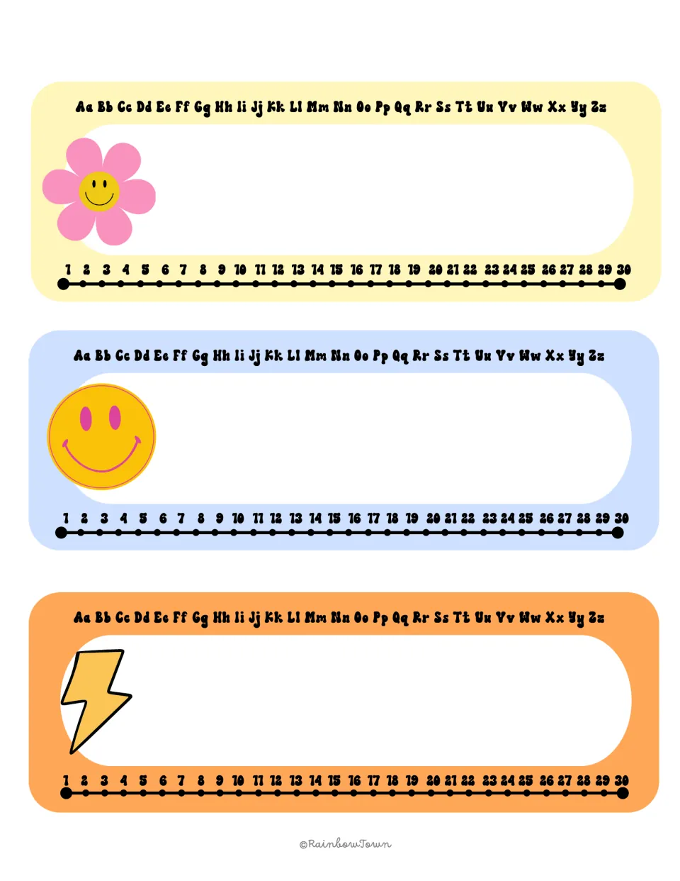 Desk name plates with alphabet and 1-30 number line; blank name spaces beside a daisy, yellow smiley and lightning bolt