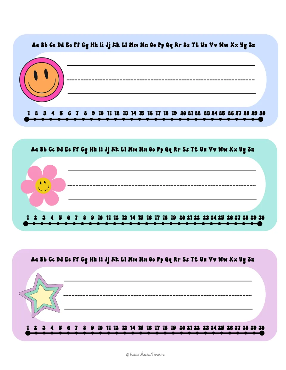 Handwriting-guide name plates with smiley, flower and star icons, an alphabet strip and 1-30 number line for names