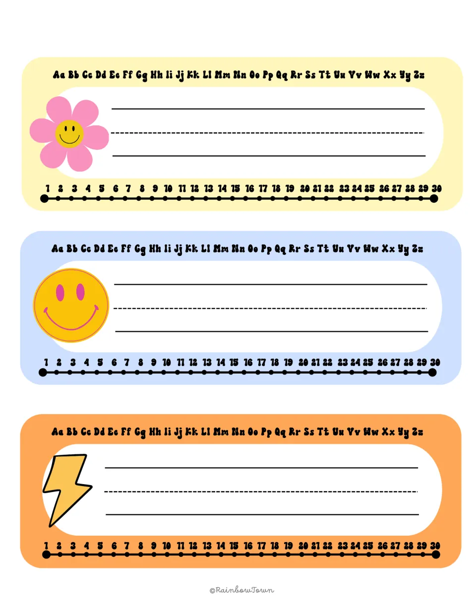 Handwriting-guide name plates with daisy, smiley and lightning bolt icons plus an A-Z alphabet and 1-30 number line