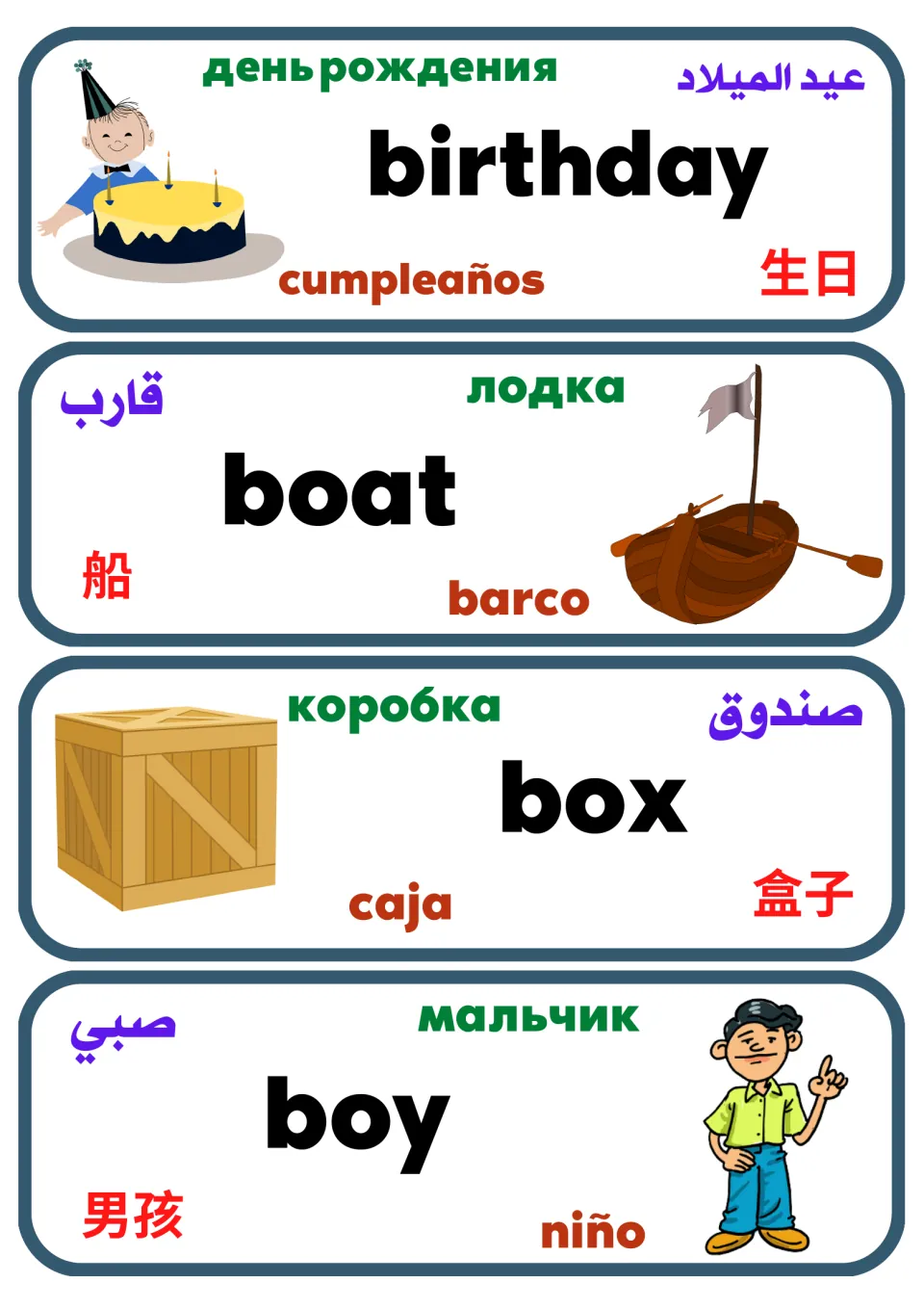 Multilingual noun flashcards 9–12: birthday, boat, box, and boy, with pictures and four translations.