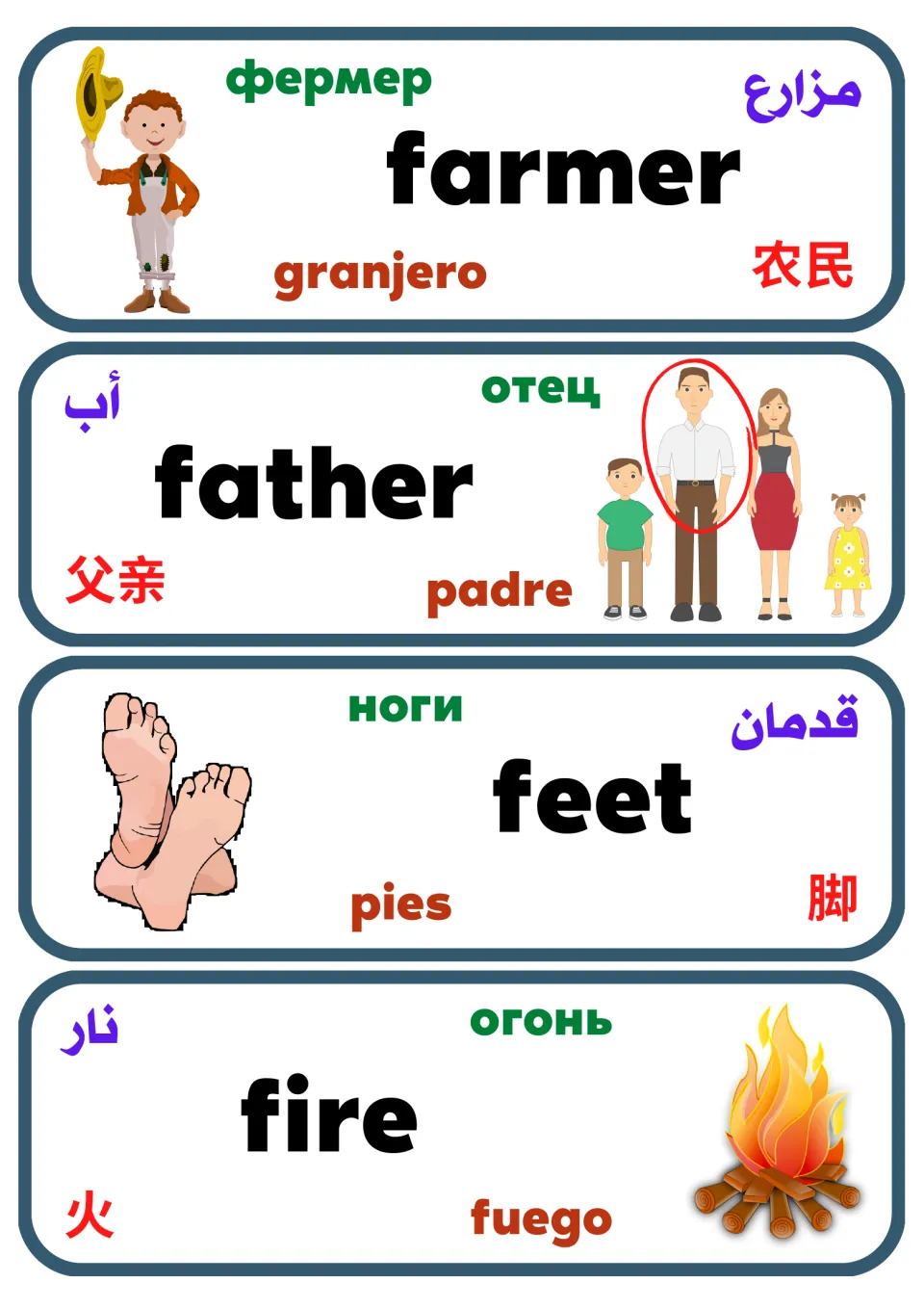 Multilingual noun flashcards 33–36: farmer, father, feet, and fire, with pictures and four translations.