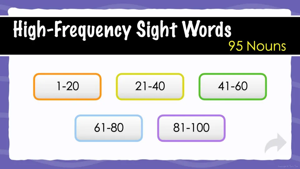 Word set menu for the 95 nouns: links to words 1-20, 21-40, 41-60, 61-80 and 81-100 so practice runs in short groups