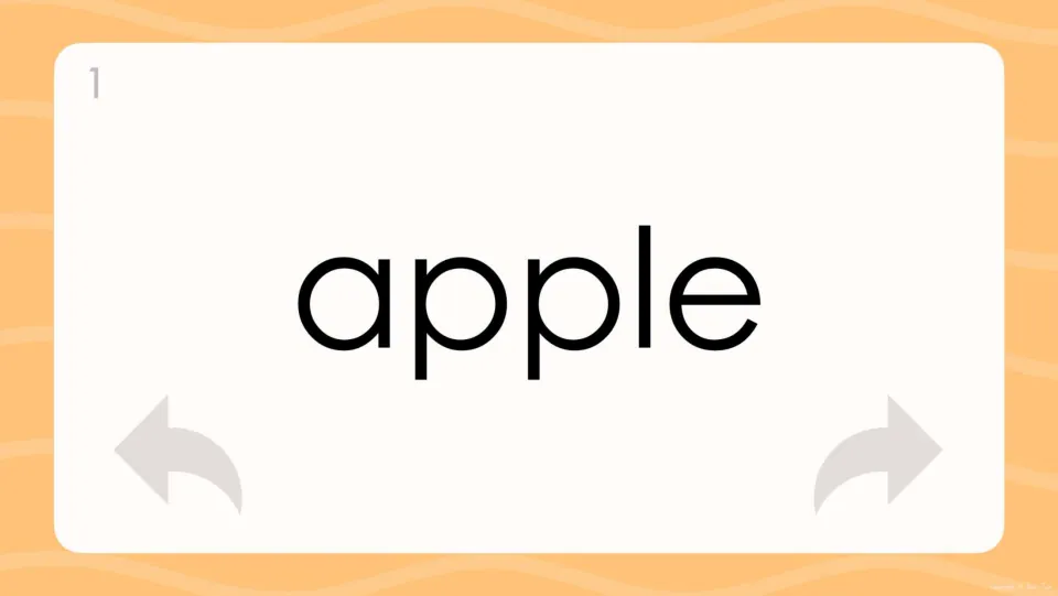 Flash card 1 shows the noun apple in large print; the student reads it out loud with correct pronunciation