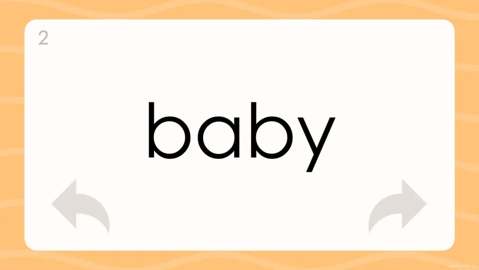 Flash card 2 displays the word baby in big lowercase letters for the learner to recognize on sight and read aloud