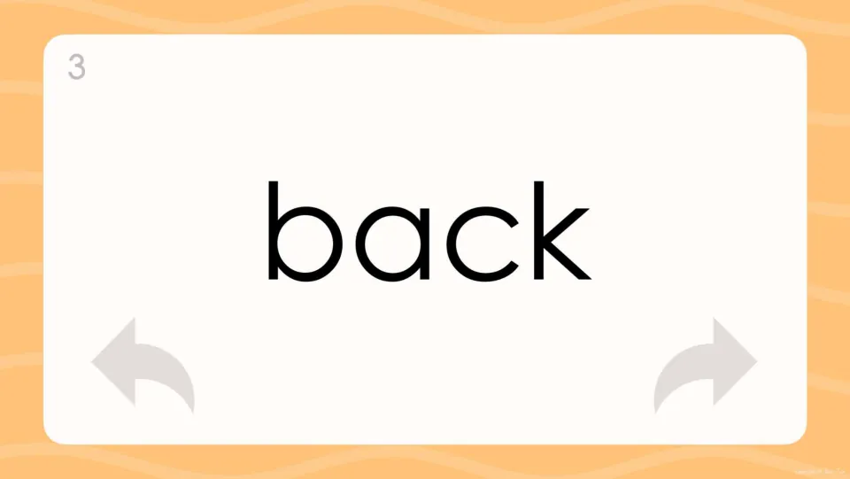 Flash card 3 presents the noun back by itself so the child can read it on sight, say it aloud, then click to the next card