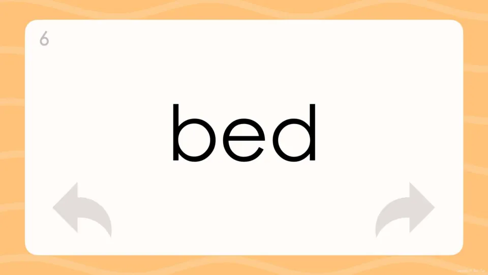Flash card 6 displays the noun bed in big print; the reader names the word aloud before clicking ahead
