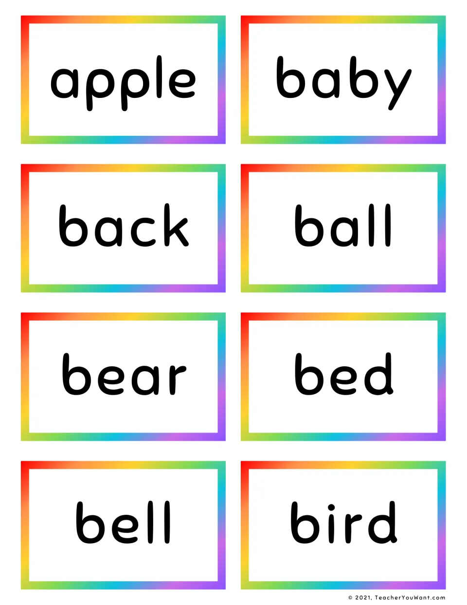 Noun sight word flashcards 1–8: apple, baby, back, ball, bear, bed, bell, and bird.
