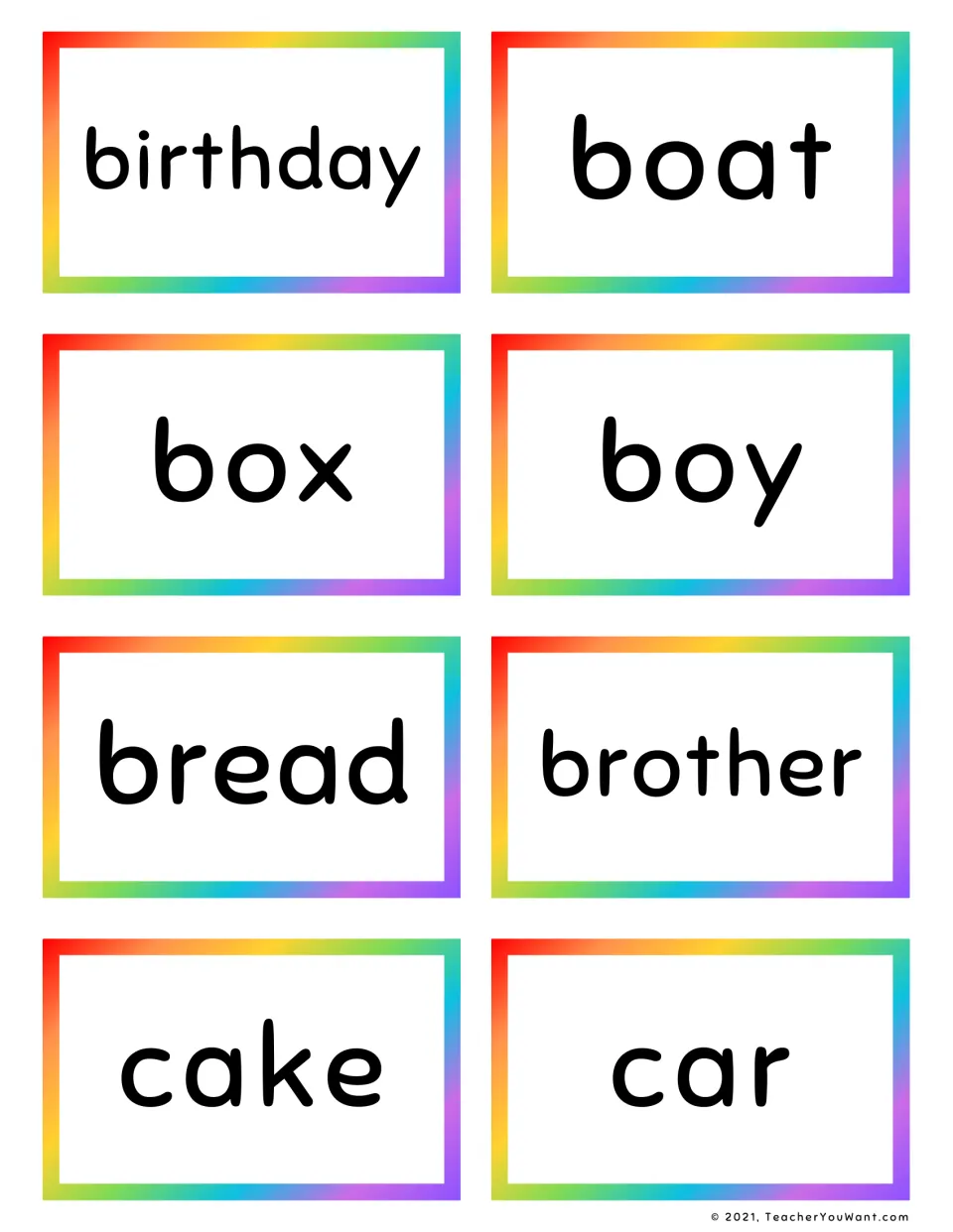 Noun sight word flashcards 9–16: birthday, boat, box, boy, bread, brother, cake, and car.