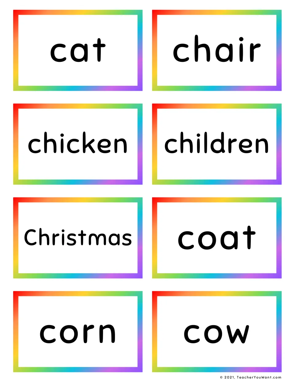 Noun sight word flashcards 17–24: cat, chair, chicken, children, Christmas, coat, corn, and cow.
