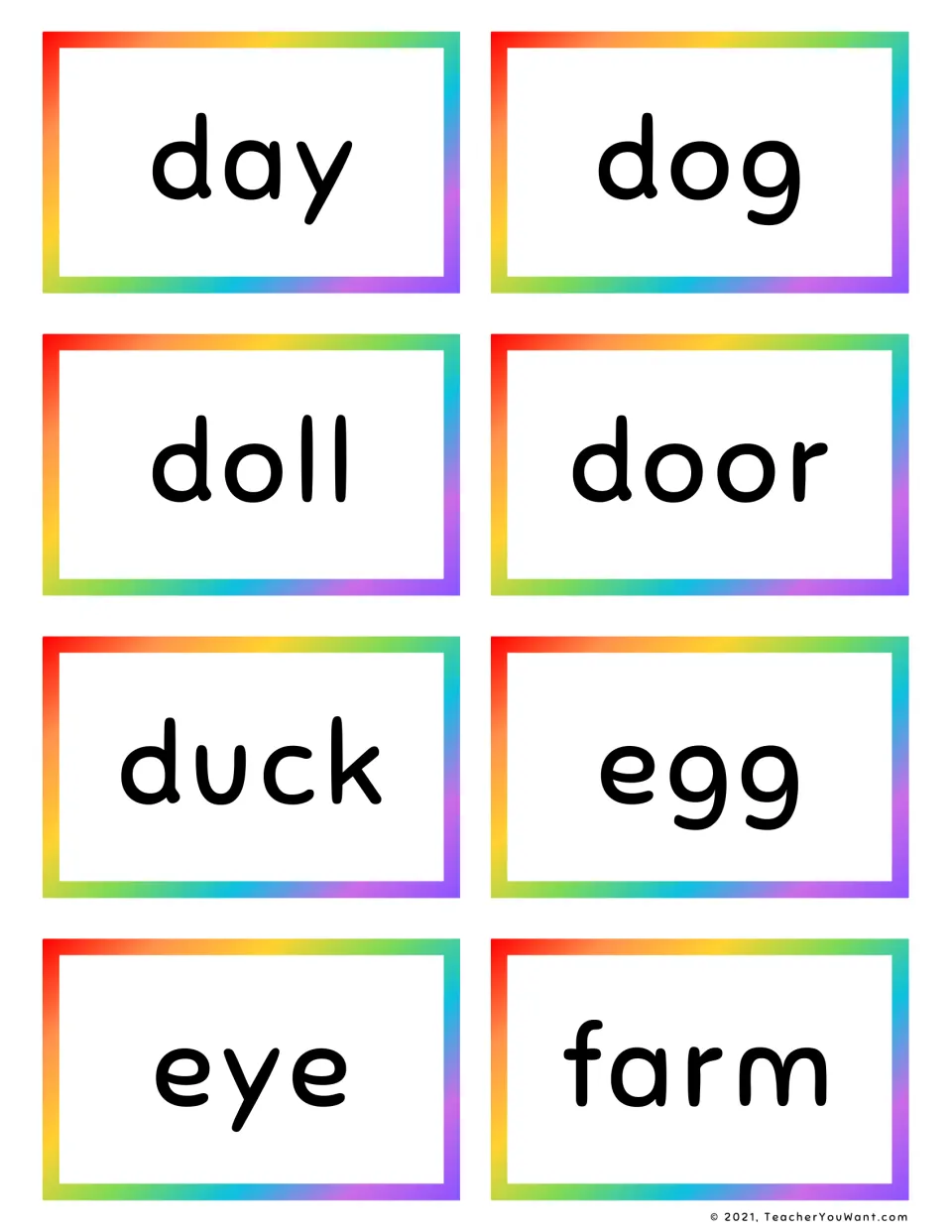 Noun sight word flashcards 25–32: day, dog, doll, door, duck, egg, eye, and farm.