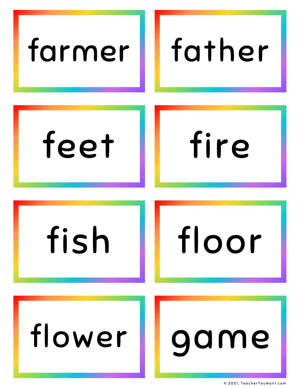 Noun sight word flashcards 33–40: farmer, father, feet, fire, fish, floor, flower, and game.