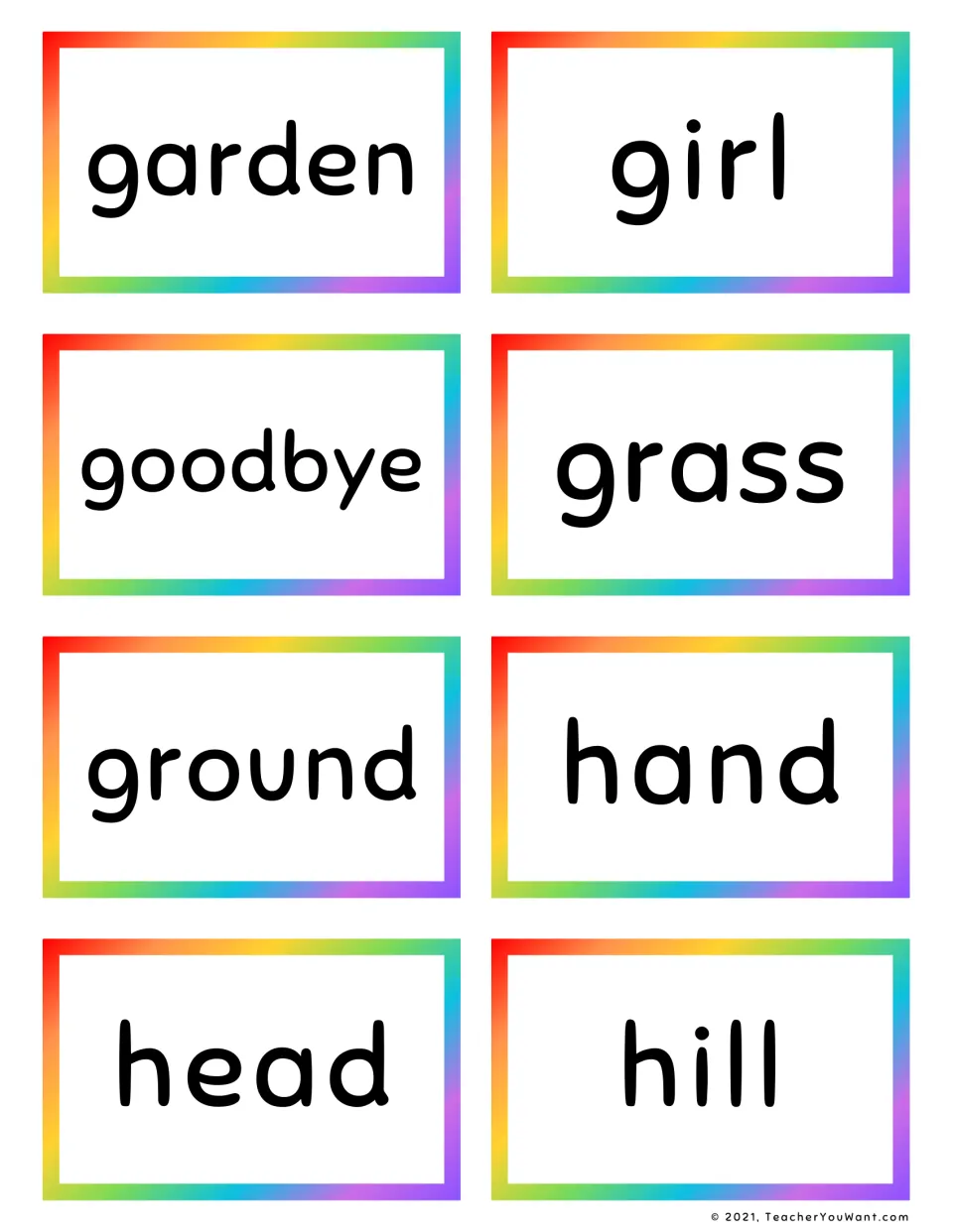 Noun sight word flashcards 41–48: garden, girl, goodbye, grass, ground, hand, head, and hill.