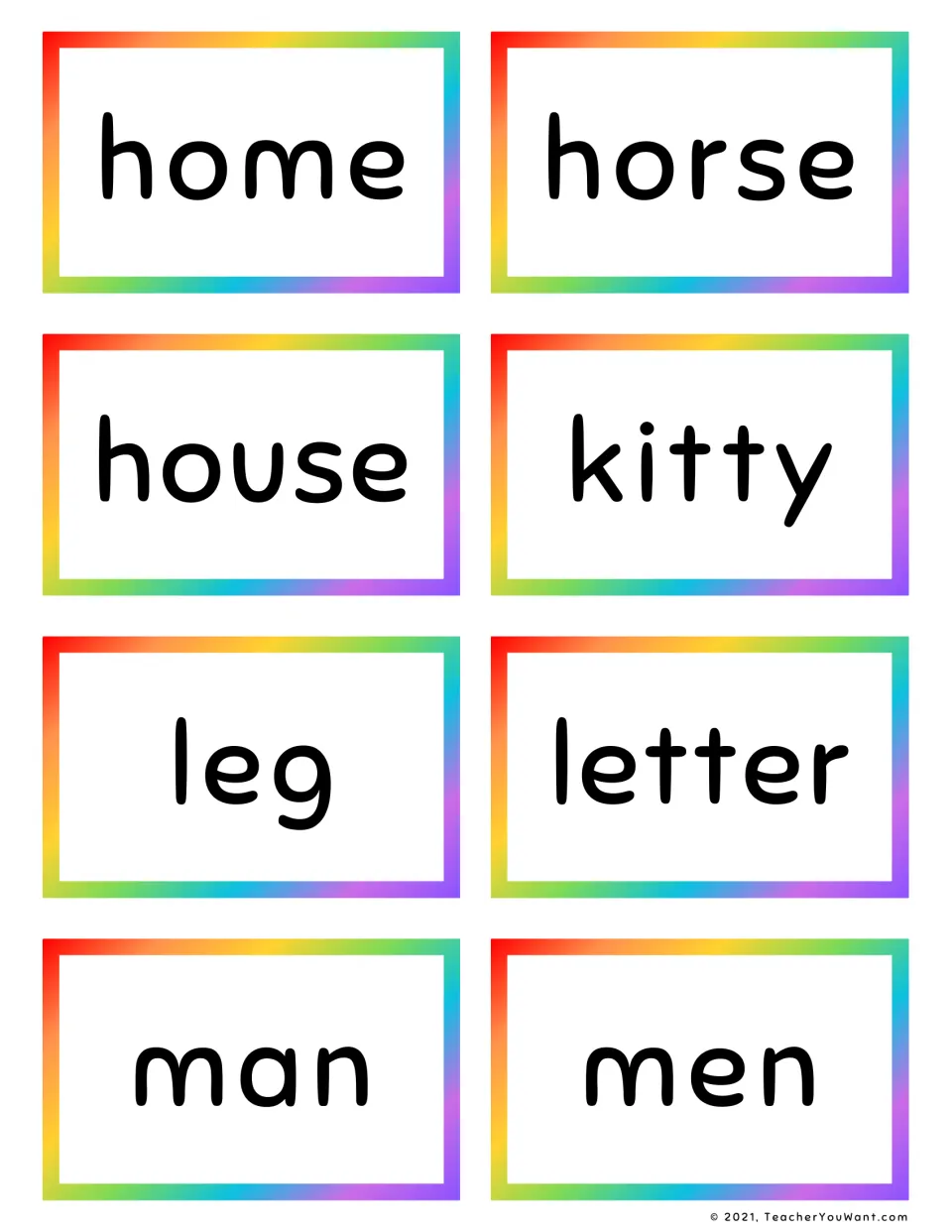 Noun sight word flashcards 49–56: home, horse, house, kitty, leg, letter, man, and men.