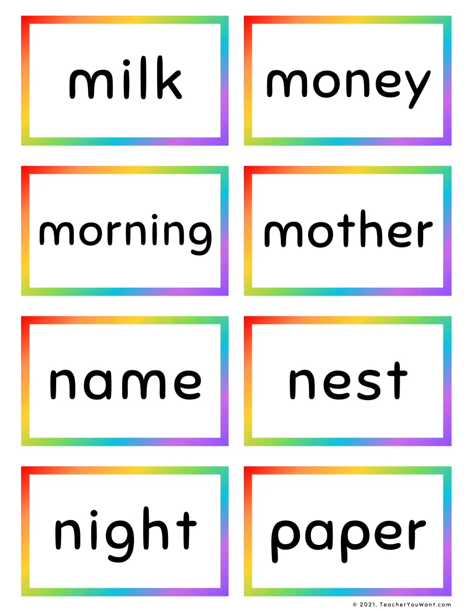 Noun sight word flashcards 57–64: milk, money, morning, mother, name, nest, night, and paper.