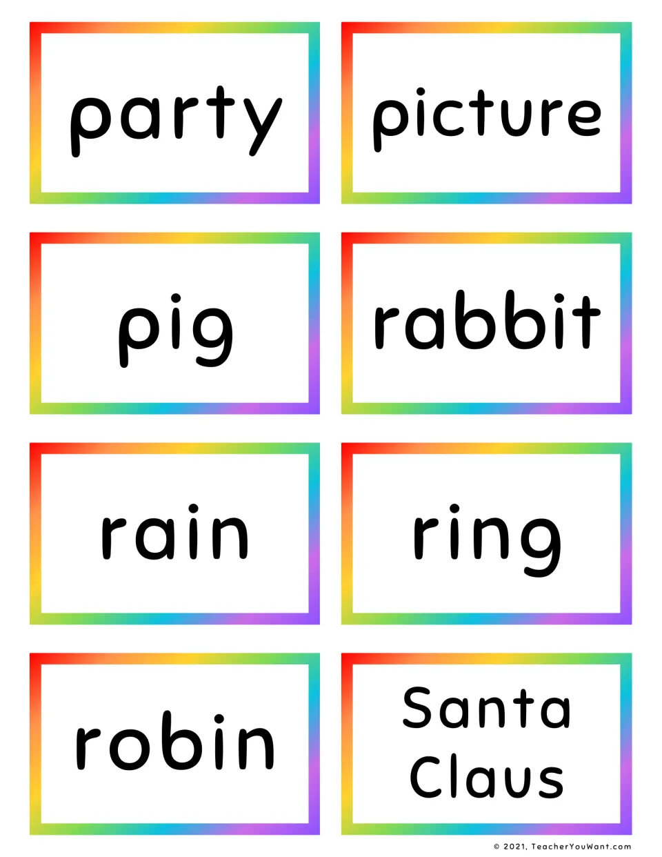 Noun sight word flashcards 65–72: party, picture, pig, rabbit, rain, ring, robin, and Santa Claus.