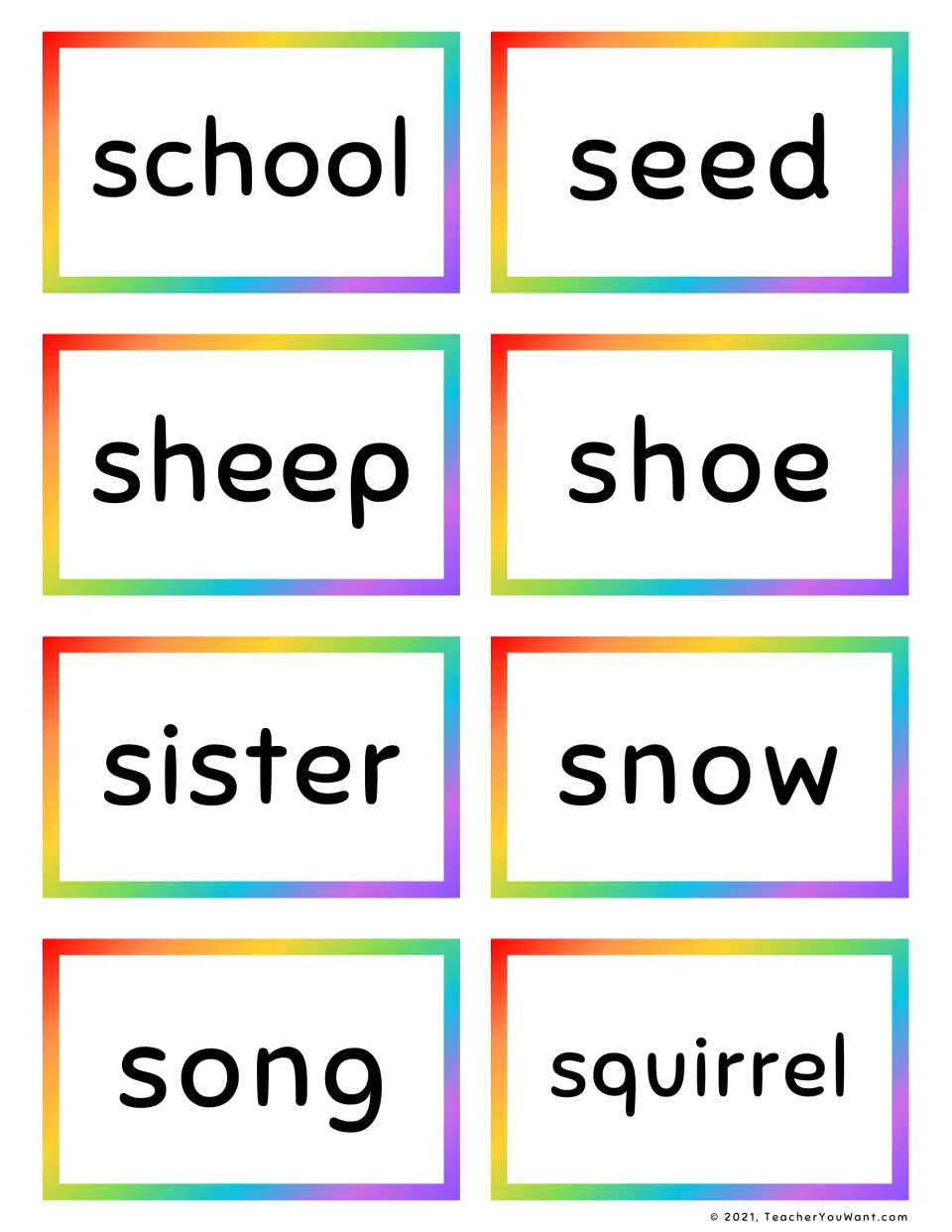 Noun sight word flashcards 73–80: school, seed, sheep, shoe, sister, snow, song, and squirrel.