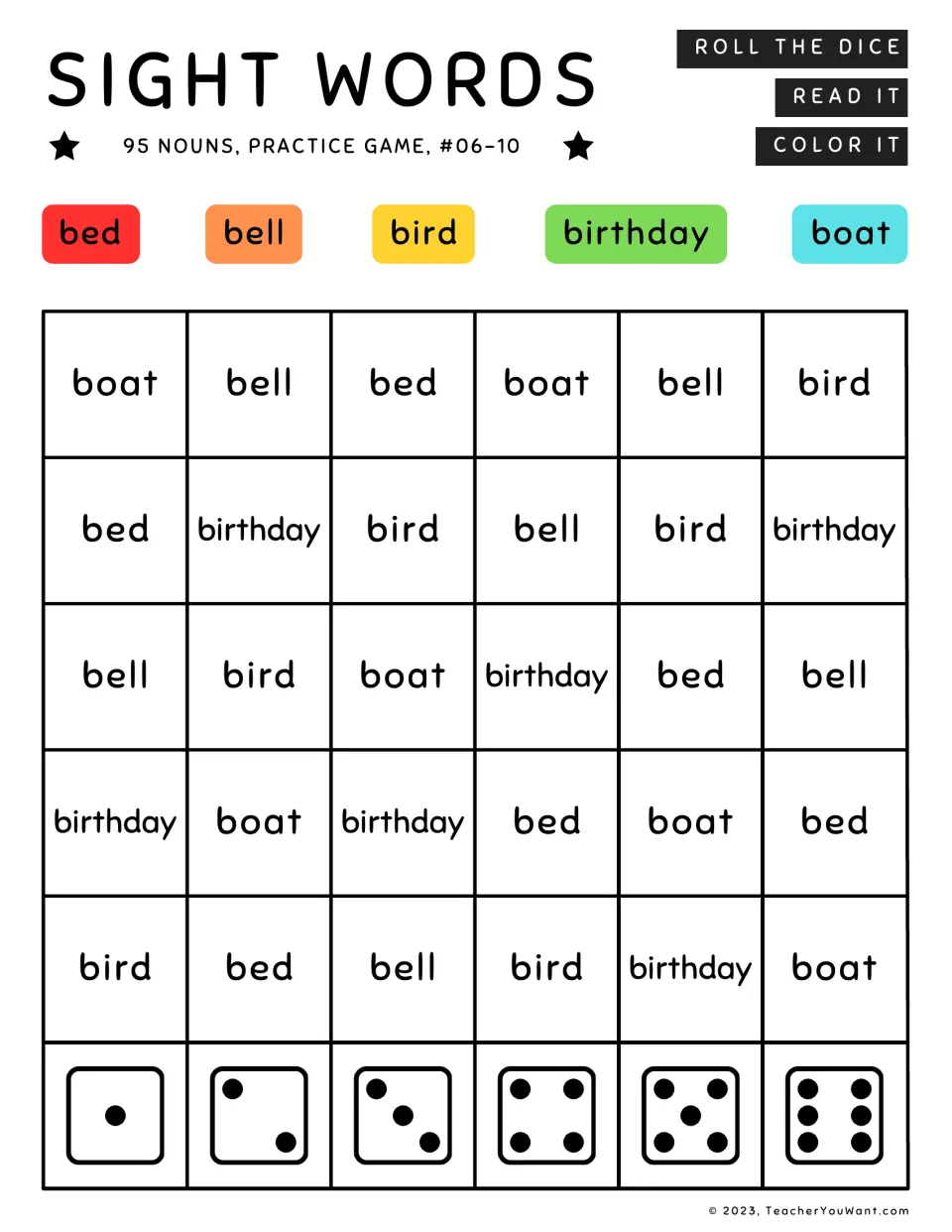 Sight word game for nouns 6–10: bed, bell, bird, birthday, and boat. Roll, read, and color each word.