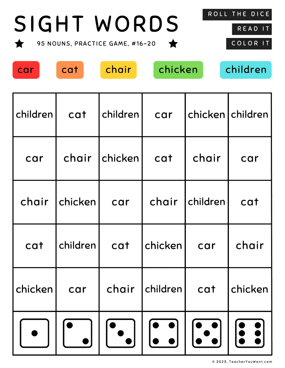 Sight word game for nouns 16–20: car, cat, chair, chicken, and children. Roll, read, and color each word.