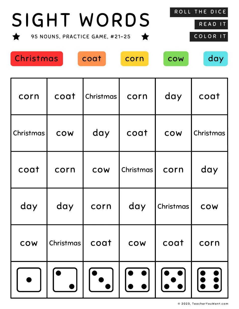 Sight word game for nouns 21–25: Christmas, coat, corn, cow, and day. Roll, read, and color each word.