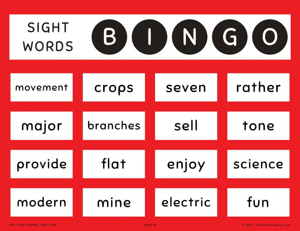 Sight word bingo card 1: movement, crops, seven, rather and 12 more words from Fry sight words 801–900.