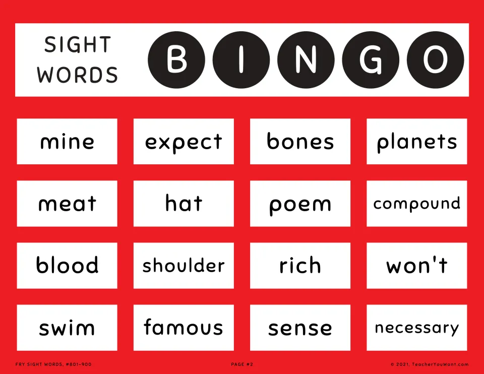 Sight word bingo card 2: mine, expect, bones, planets and 12 more words from Fry sight words 801–900.