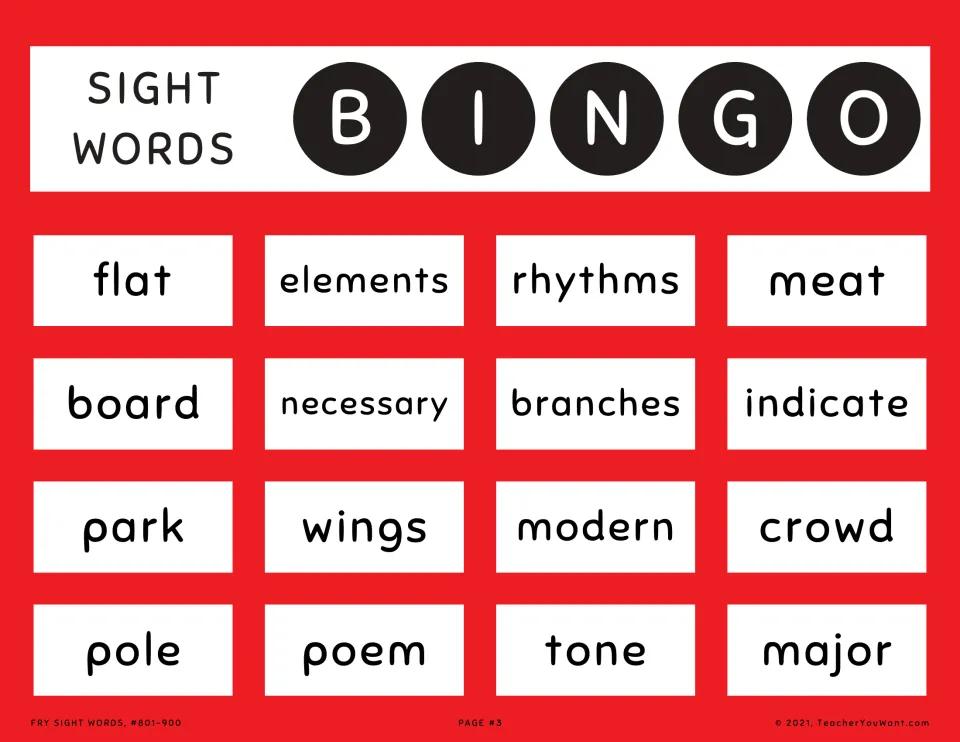 Sight word bingo card 3: flat, elements, rhythms, meat and 12 more words from Fry sight words 801–900.