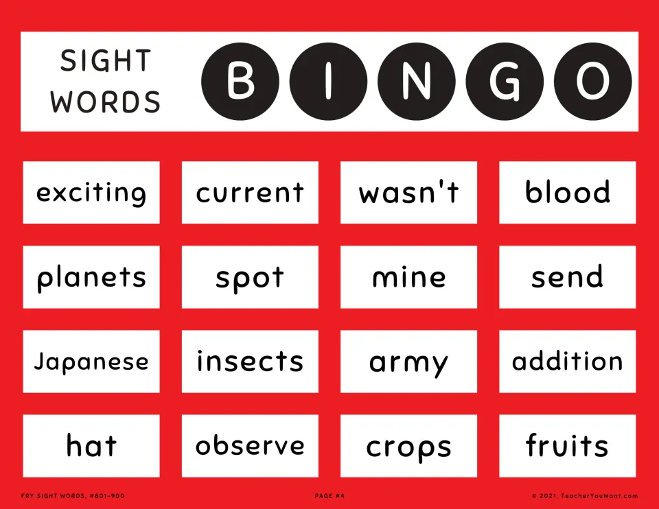 Sight word bingo card 4: exciting, current, wasn't, blood and 12 more words from Fry sight words 801–900.