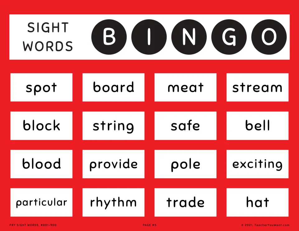Sight word bingo card 5: spot, board, meat, stream and 12 more words from Fry sight words 801–900.