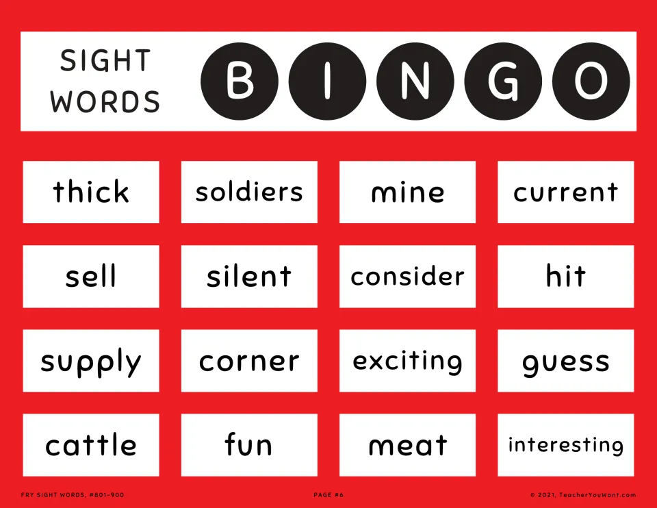 Sight word bingo card 6: thick, soldiers, mine, current and 12 more words from Fry sight words 801–900.