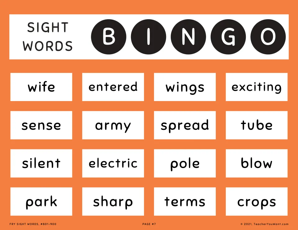 Sight word bingo card 7: wife, entered, wings, exciting and 12 more words from Fry sight words 801–900.