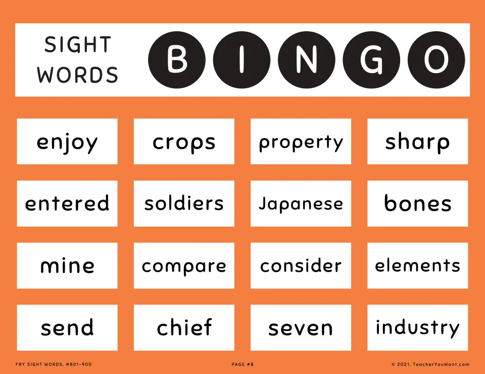 Sight word bingo card 8: enjoy, crops, property, sharp and 12 more words from Fry sight words 801–900.
